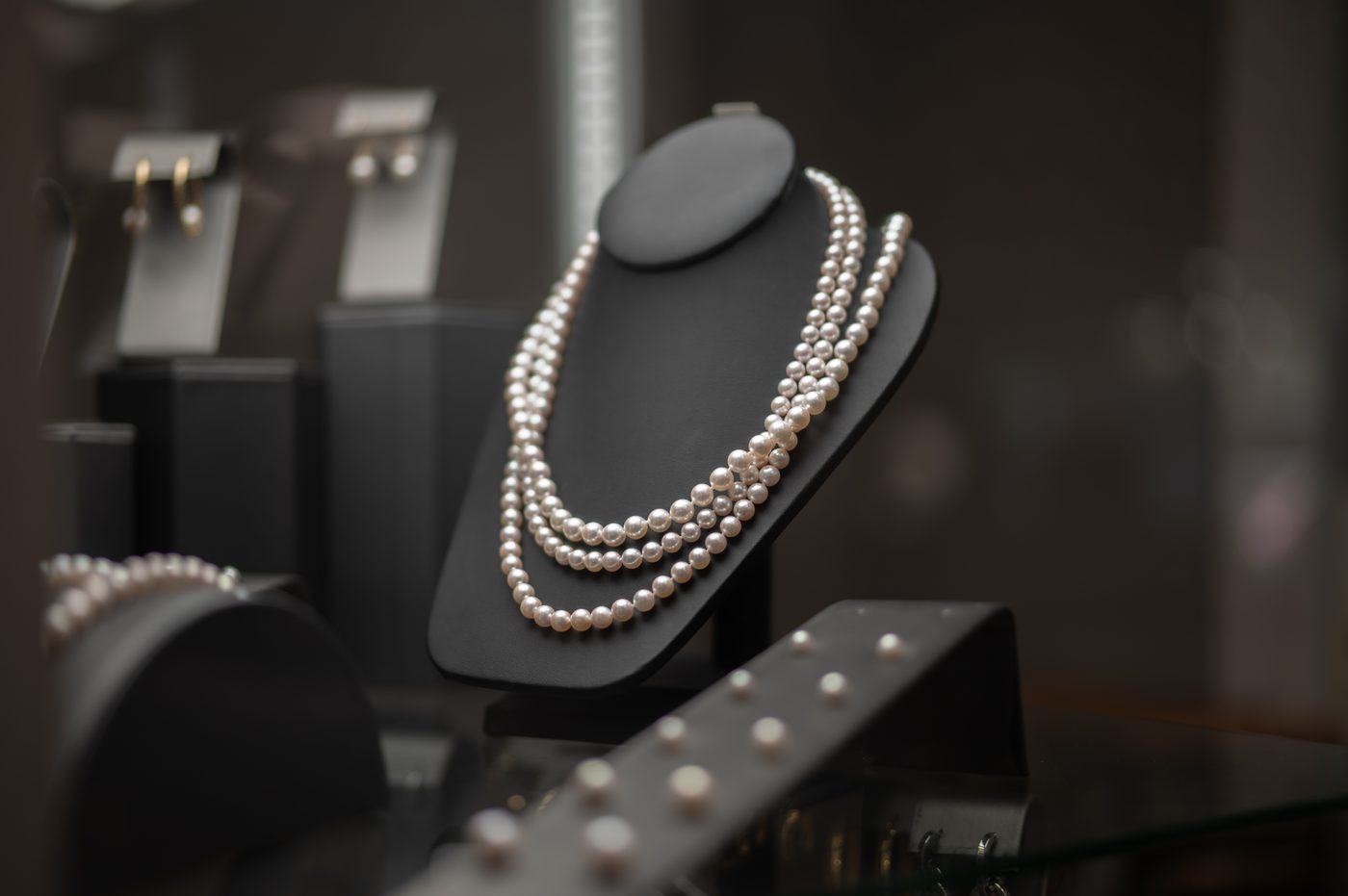 Pearl necklace display at Rebecca's Fine Jewelry